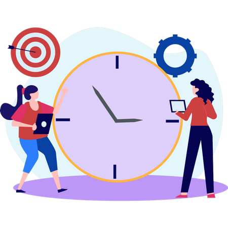 Girls looking at time clock  Illustration