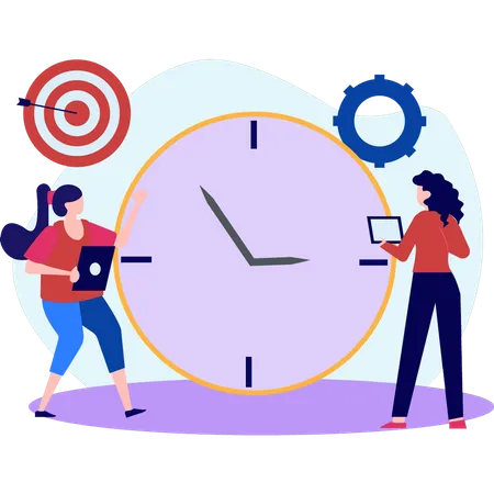 Girls looking at time clock  Illustration
