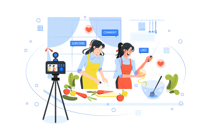 Girls making a vlog for cooking  Illustration