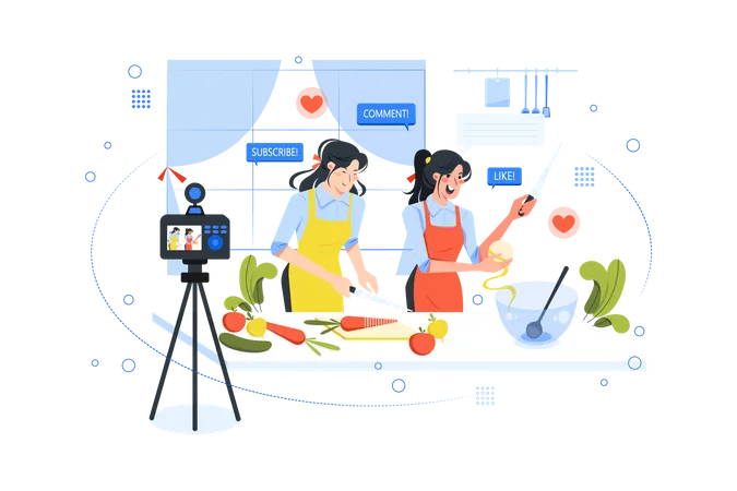 Girls making a vlog for cooking  Illustration