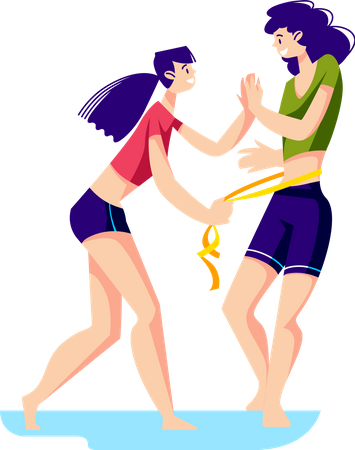 Girls measuring waist with measure tape Illustration