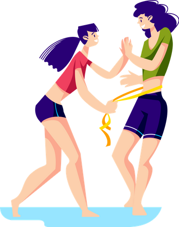 Girls measuring waist with measure tape  イラスト