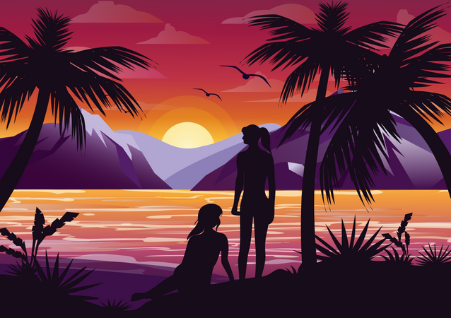 Girls On Beach  Illustration