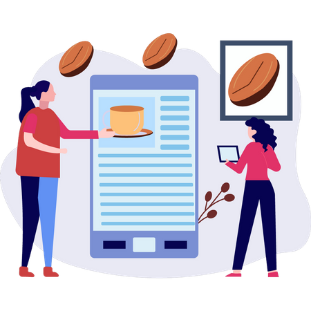 Girls ordering coffee online  Illustration