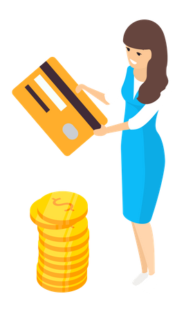 Girls pays money using credit card Illustration
