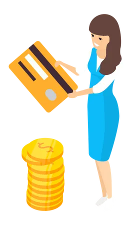 Woman Using Credit Card Safe Banking Transaction Concept Funds Deposit Savings Financial Services Credit Or Debit Card For Payment And Stack Of Coins Girl Pays With Money In Bank Account Illustration