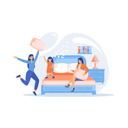 Girls pillow fighting  Illustration