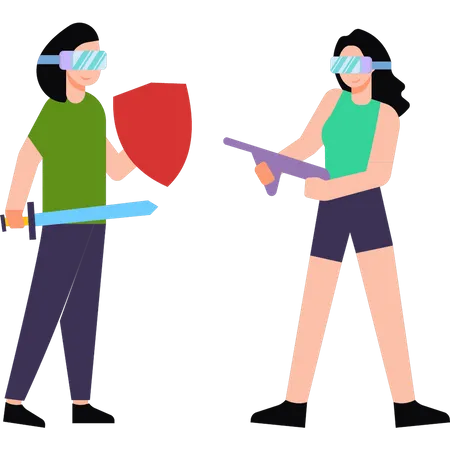 Girls playing game with VR glasses Illustration