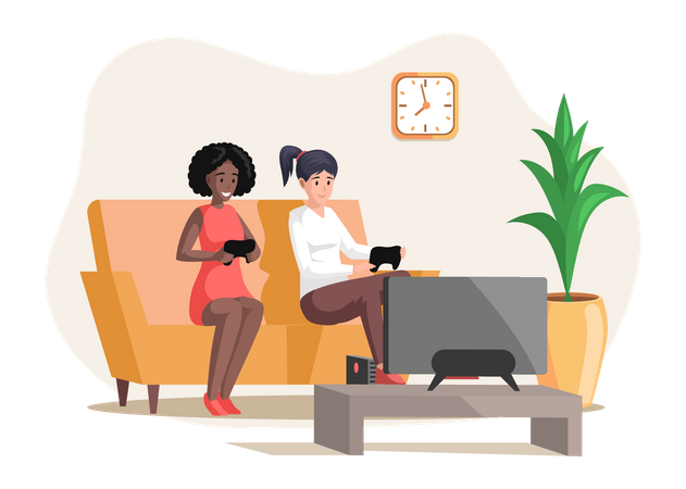 Girls playing video games sitting on couch with gamepad Illustration