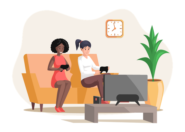 Girls playing video games sitting on couch with gamepad  Illustration