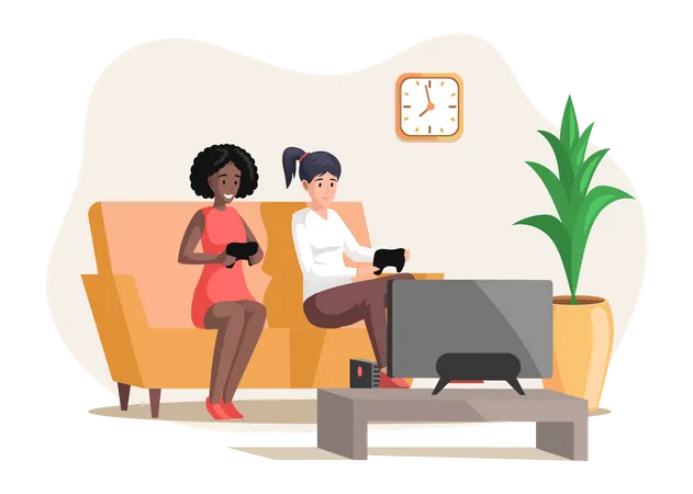 Girls playing video games sitting on couch with gamepad  Illustration