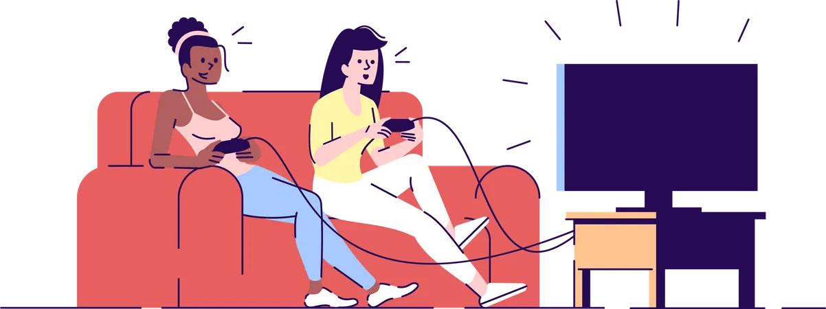 Girls playing videogame  Illustration