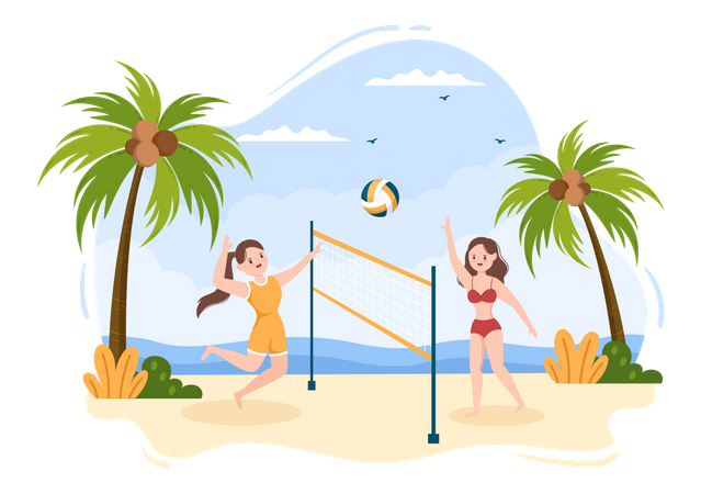 Girls playing volleyball at beach Illustration