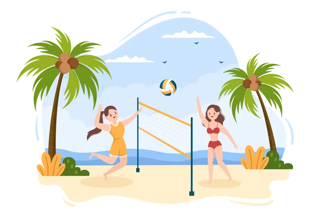 Girls playing volleyball at beach  Illustration