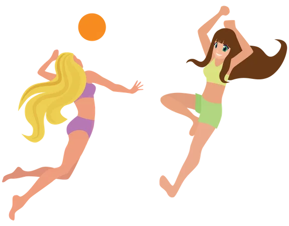 Girls playing volleyball at beach  Illustration