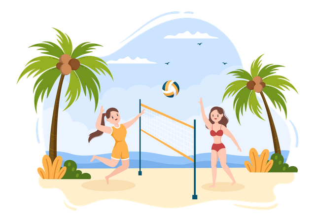 Girls playing volleyball at beach  Illustration