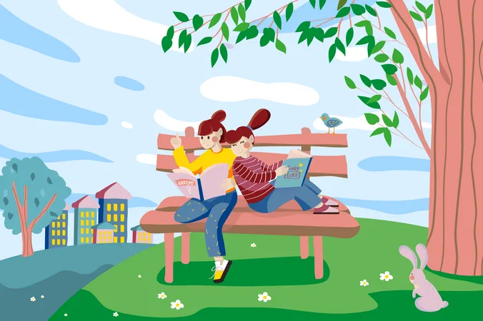 Little Girls Read Books Sitting On Bench At Nature Background Children Reading Or Doing Homework Outdoors City Park Or Courtyard At City Street Scenery Vector Illustration In Flat Cartoon Design Illustration
