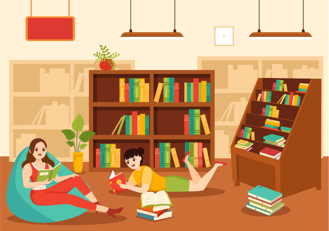 Girls reading book in Library  イラスト