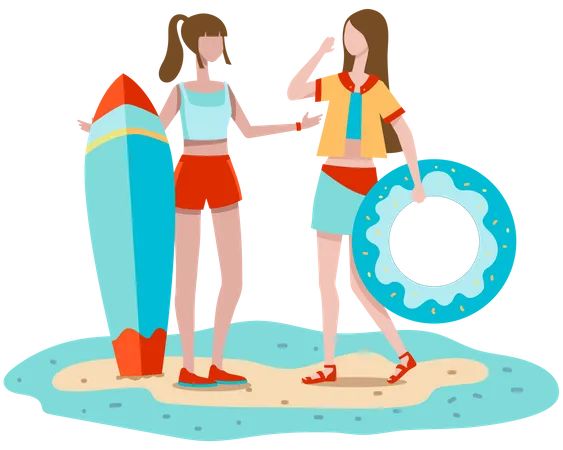 A Young Woman And Her Friend On Vacation Arrived At The Beach And Prepared For A Dip In The Sea She Chose To Play A Rubber Tube Her Friend Chose A Surfboard Vector Illustration Flat Design Illustration
