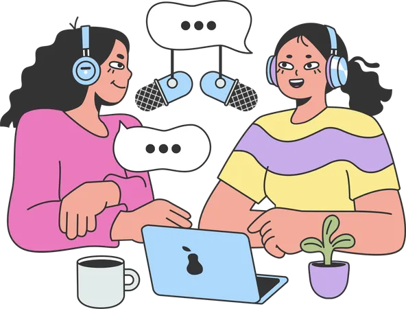 Girls recording podcast  Illustration