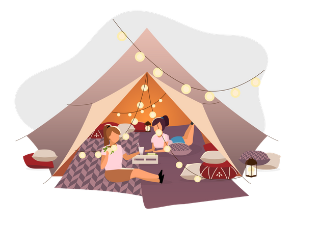 Girls resting in tent  Illustration