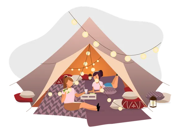 Girls resting in tent  Illustration