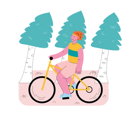 Girls riding bike in the wood  Illustration