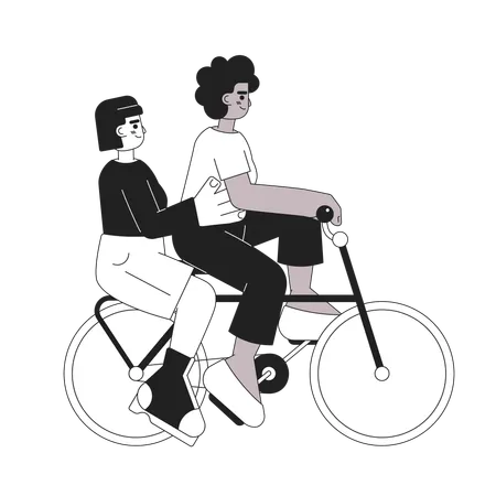 Girls Riding On Bicycle Monochromatic Flat Vector Characters Entertainment Friends Activity Editable Thin Line Full Body People On White Simple Bw Cartoon Spot Image For Web Graphic Design Illustration