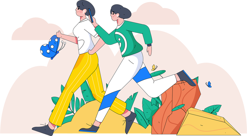 Girls running in park with butterfly  Illustration