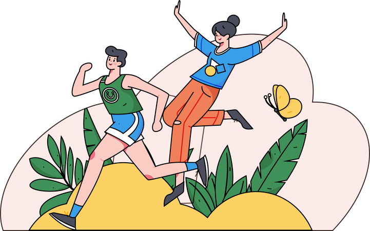 Girls running in park with butterfly  Illustration