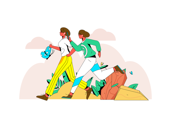 Girls running in park with butterfly  Illustration