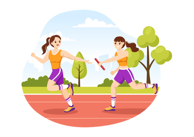 Girls running in relay race  Illustration