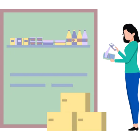 Girls Scanning Products By Barcode Scanner Illustration