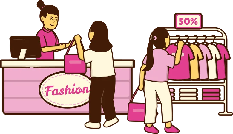 Girls shopping purse and clothes from super store  Illustration