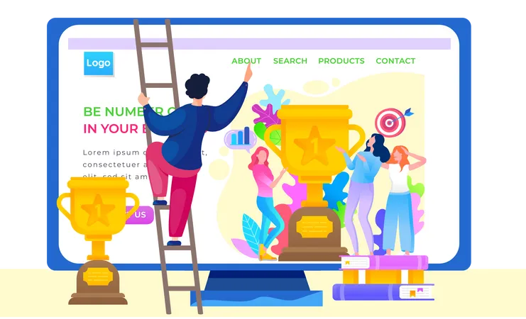 Be Number One In Your Business Girls Showing Trophy Got For Winning First Place Trophy Or Award With Foliage And Target With Arrow Website Or Webpage Template With A Man Climbing The Stairs Illustration