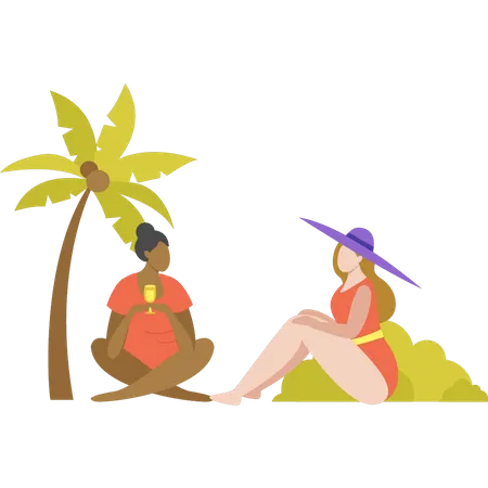 Girls sitting at beach together  Illustration