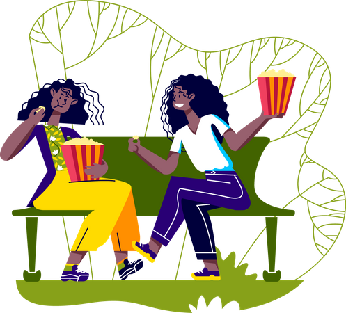 Girls sitting in park bench eating popcorn  Illustration