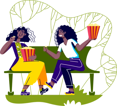 Girls sitting in park bench eating popcorn  Illustration