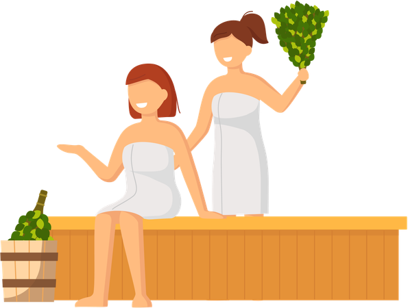 Girls sitting in steam room  Illustration