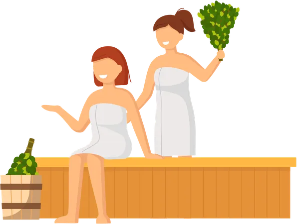 Girls sitting in steam room  Illustration