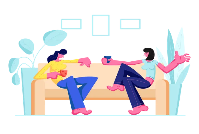 Girls Sitting on Couch Illustration