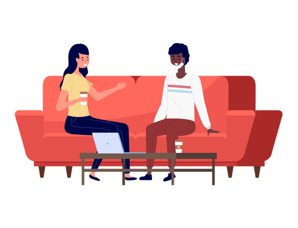 Girls sitting on couch and communicate  イラスト