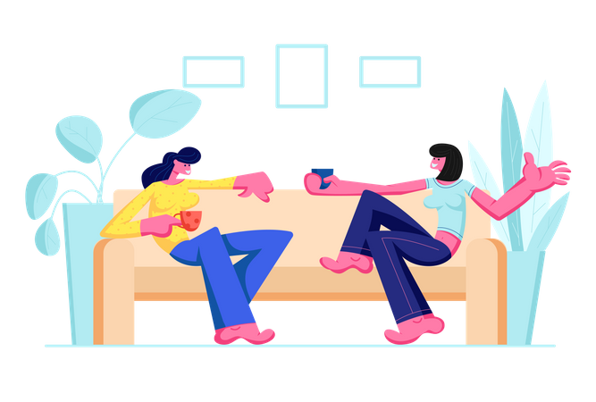 Girls Sitting on Couch  Illustration