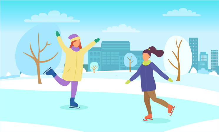 Girls skiing  Illustration