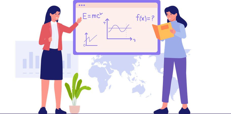 Girls Solving online Equations  Illustration