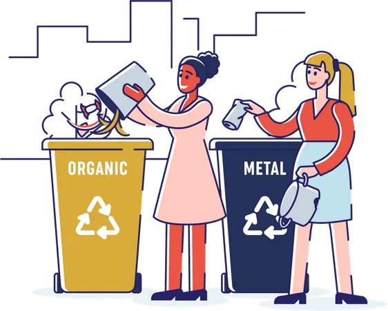 Girls Sorting Organic And Metal Garbage Throwing Trash Into Appropriate Recycle Bins  Illustration