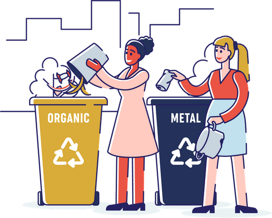 Girls Sorting Organic And Metal Garbage Throwing Trash Into Appropriate Recycle Bins  Illustration