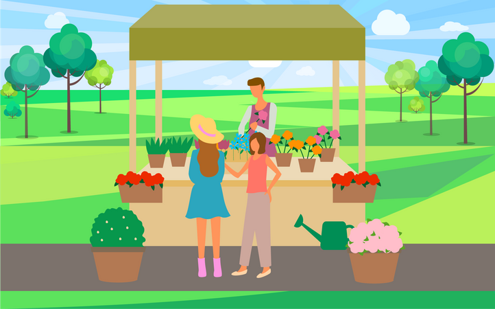 Girls standing at flower stall  Illustration