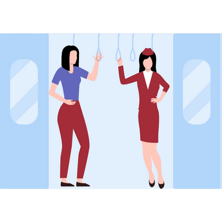 Girls standing in bus holding the handles Illustration