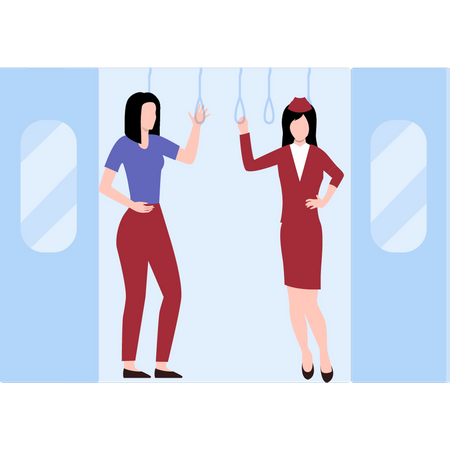 Girls standing in bus holding the handles  Illustration